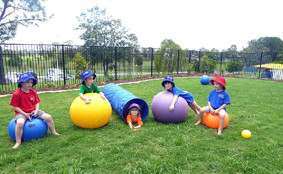 Jaxyn Gray, Mason Heath, Ruby Reinke, Ellie Faucett and Aiden Turner enjoy the soft green grass at Gympie South kindy. Jaxyn Gray, Mason Heath, Ruby Reinke, Ellie Faucett and Aiden Turner enjoy the soft green grass at Gympie South kindy.